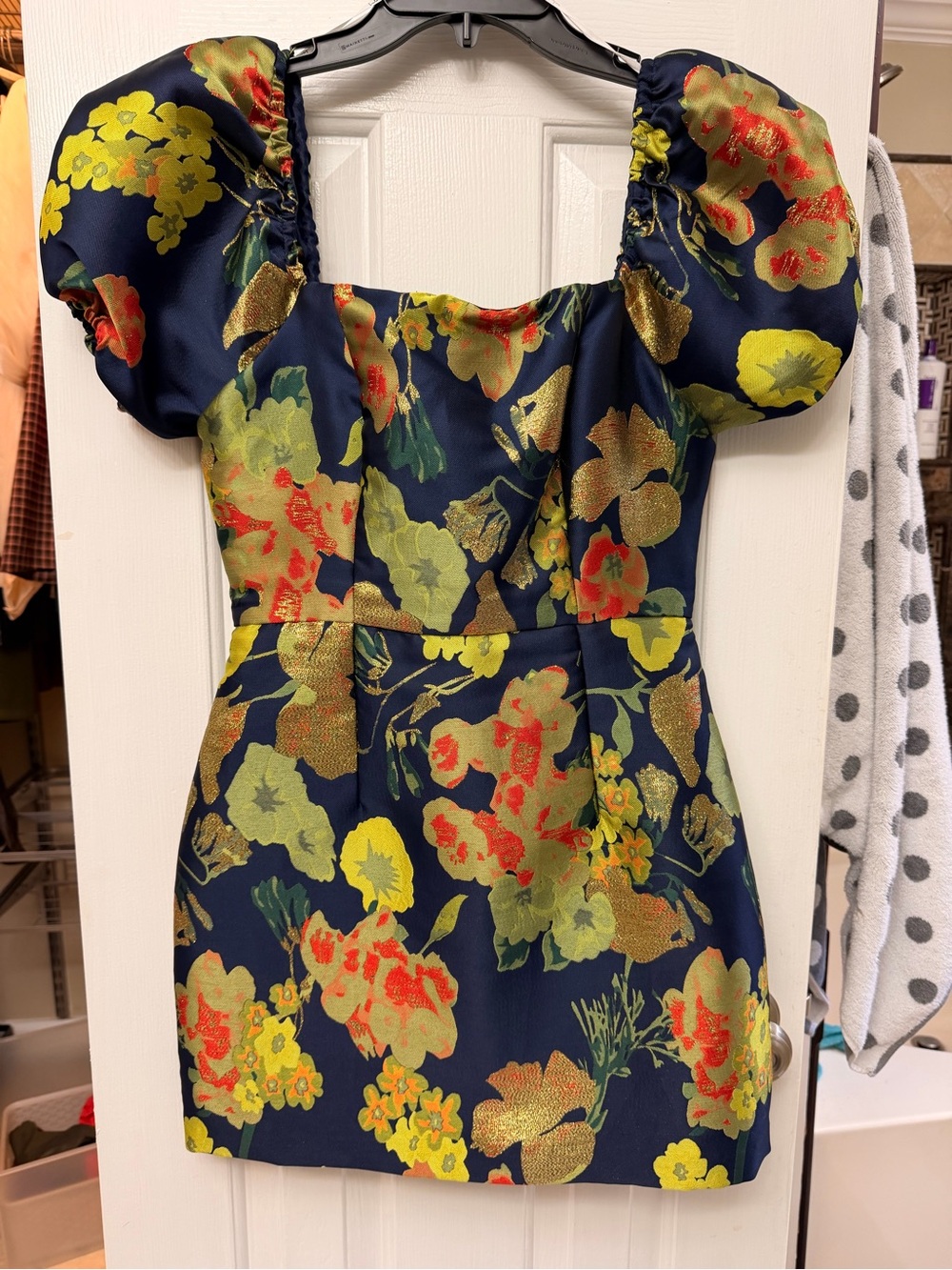 Navy Puff Sleeve Floral Mini Dress with Gold Accents